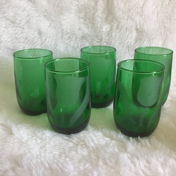 Rare Vintage Green Glass Etched Tulip Pitcher Set  with  5 Tumblers / Glasses - Picture 12 of 13
